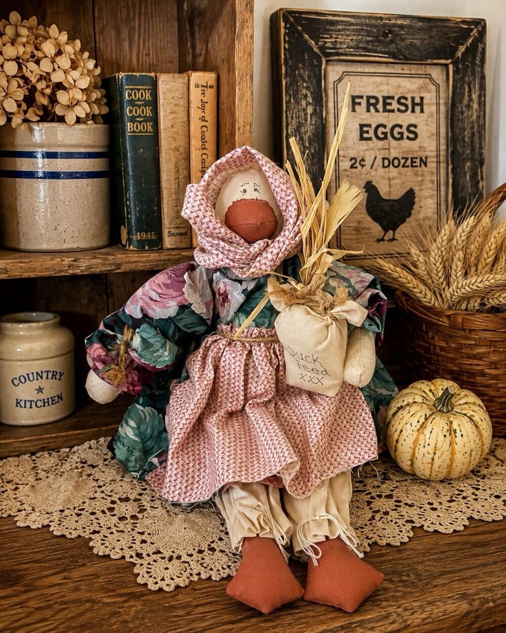 Primitive Folk Art Cloth Duck Doll Farmhouse Country Duck Feed Sack 13”